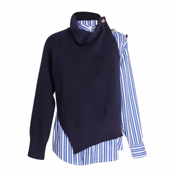 Navy Blue Stripe Asymmetrical Sweater Top - Picture 5 of 6